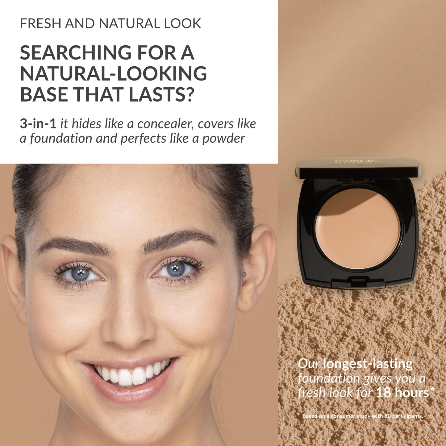 Avon True Flawless Cream To Powder Compact 3-in-1 Concealer, Foundation & Powder Nude - True Blue IQ Colour Technology