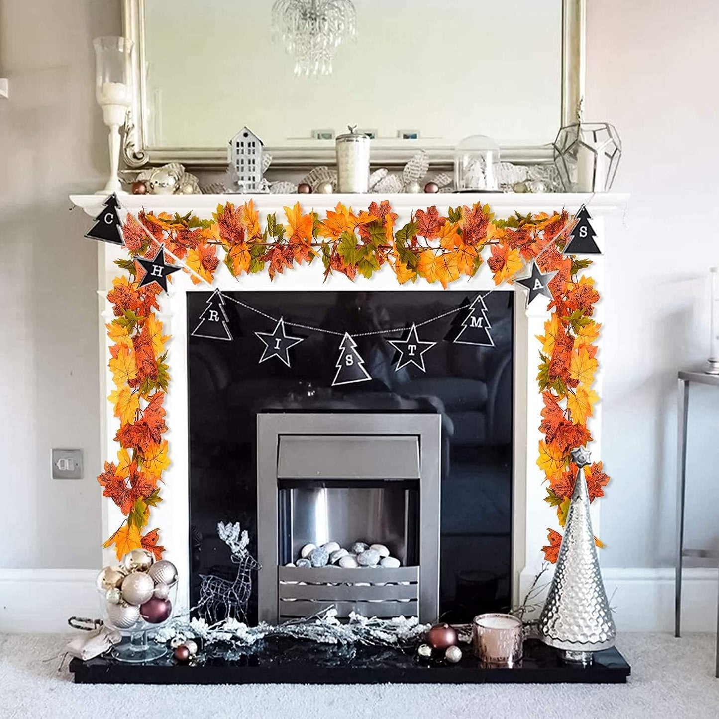 Artificial Autumn Maple Leaves Garland Autumn Decorations, Fall Hanging Plant for Home Garden Wall Doorway Backdrop Fireplace Decoration, Wedding Party Thanksgiving Decor,Yellow,1.75m