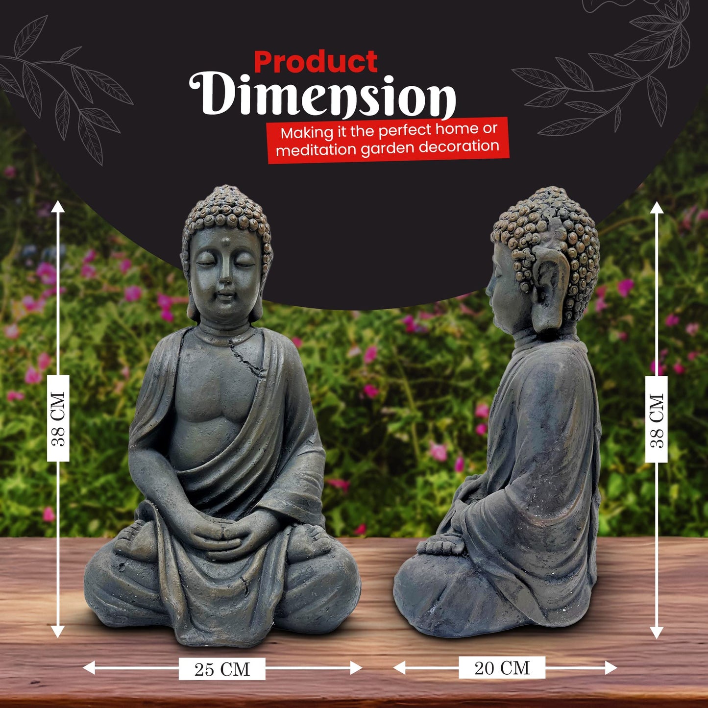 Sitting Buddha Garden Ornament Outdoor Statue Indoor Home Decor Bronzed Effect Figurine Table top Thai Meditating Décor Zen Weather Resistant 25cm Tall