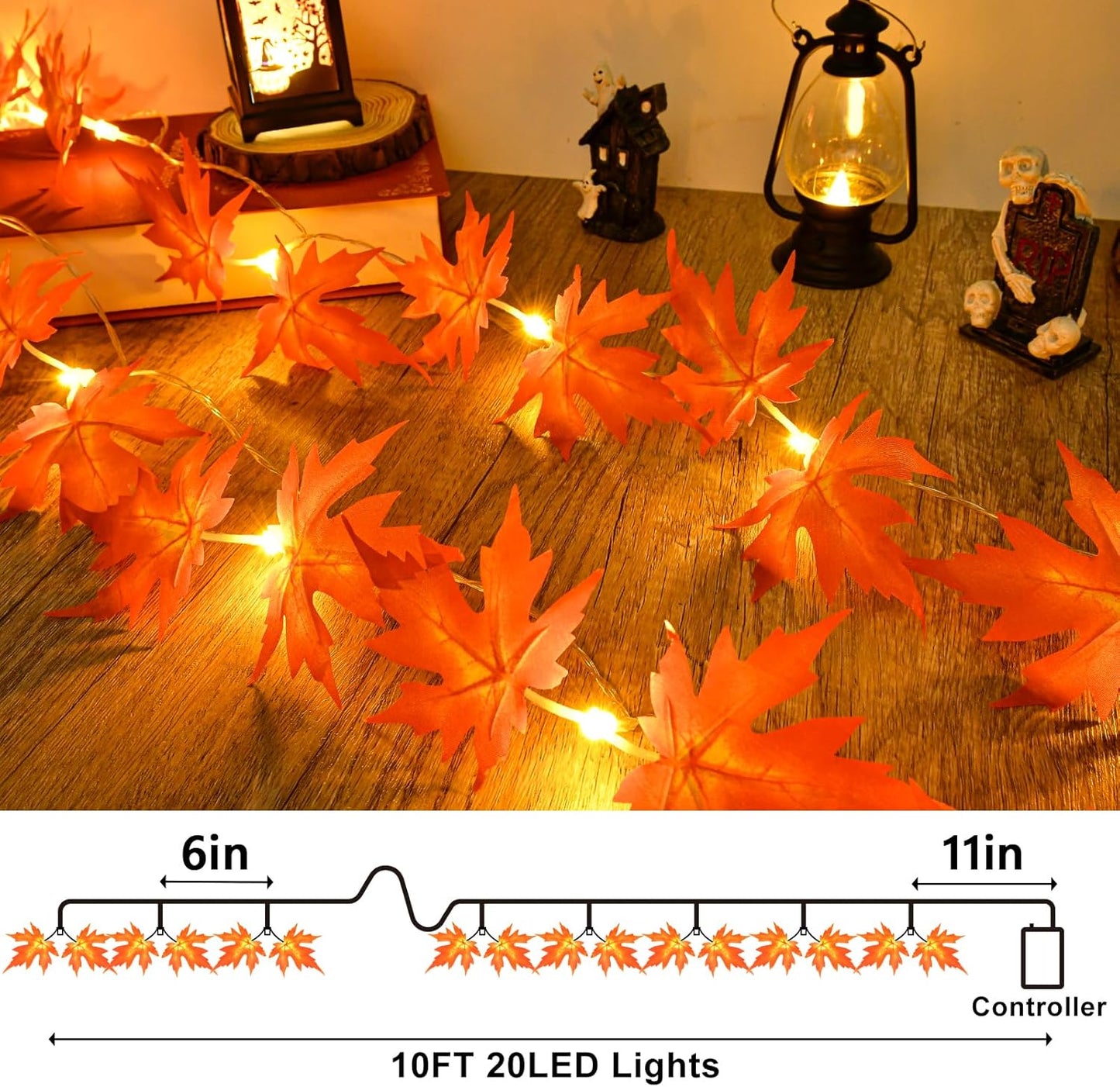 Autumn Leaves Fairy Lights 3M 20LED Maple Leaves Halloween Decorations Lights mit Timer Leaf Garland Indoor Outdoor Battery Operated for Autumn Theme Parties, Halloween, or Home, Garden Decoration