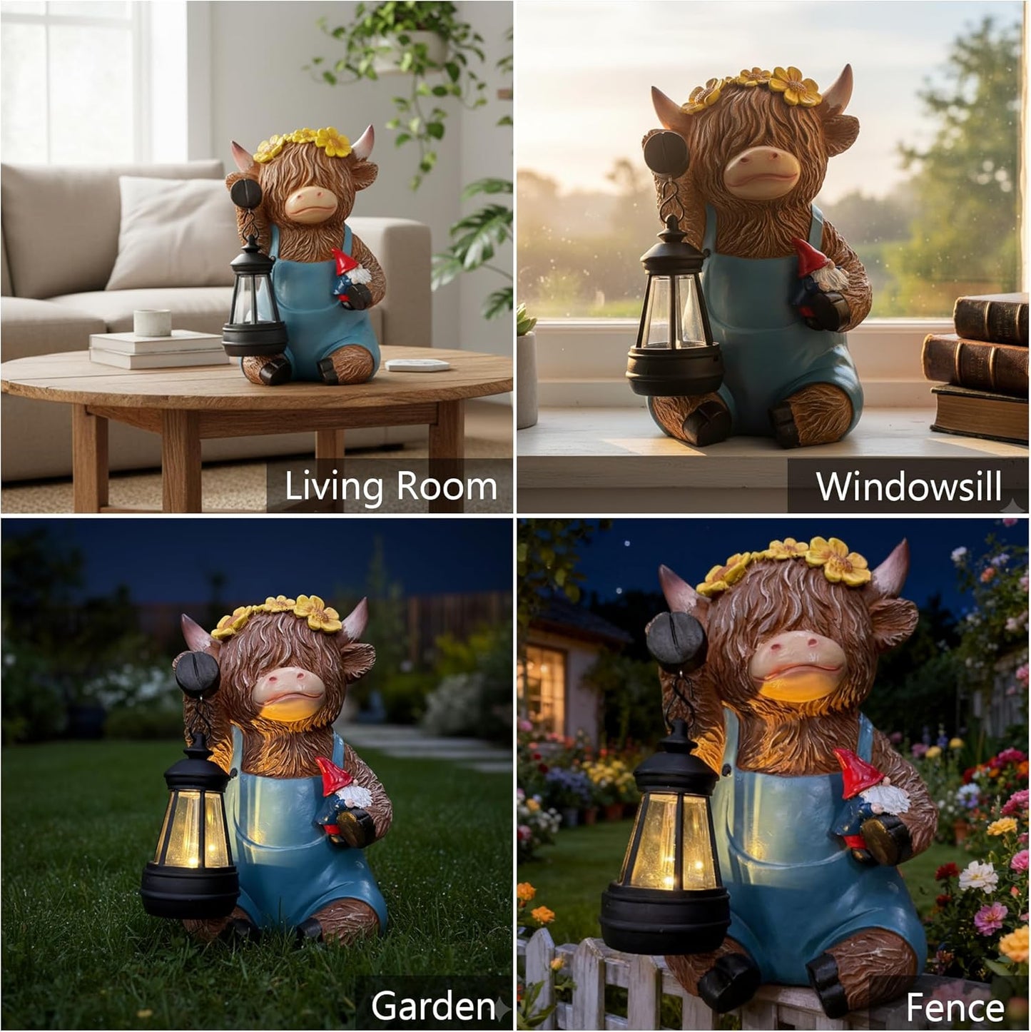 Highland Cow Garden Ornaments Outdoor- Solar Highland Cow Ornaments Statues Wear Blue Pants with Lantern and Gnome, Garden Decor with Sunflowers for Yard, Lawn, Patio, Home, Birthday Gifts for Women