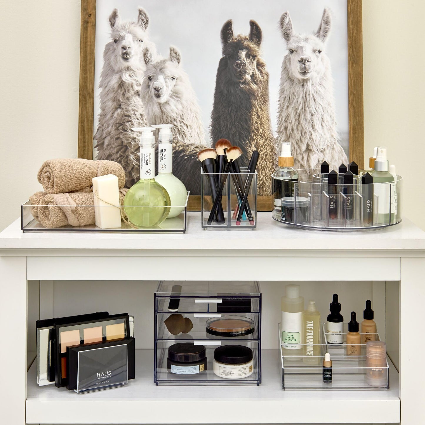 iDesign Storage Drawer from the Signature Series by Sarah Tanno, Rectangular PET Makeup Tray for Beauty Products, Cosmetic Organiser System, Clear/Matte White, 10.2 cm x 20.3 cm x 5 cm