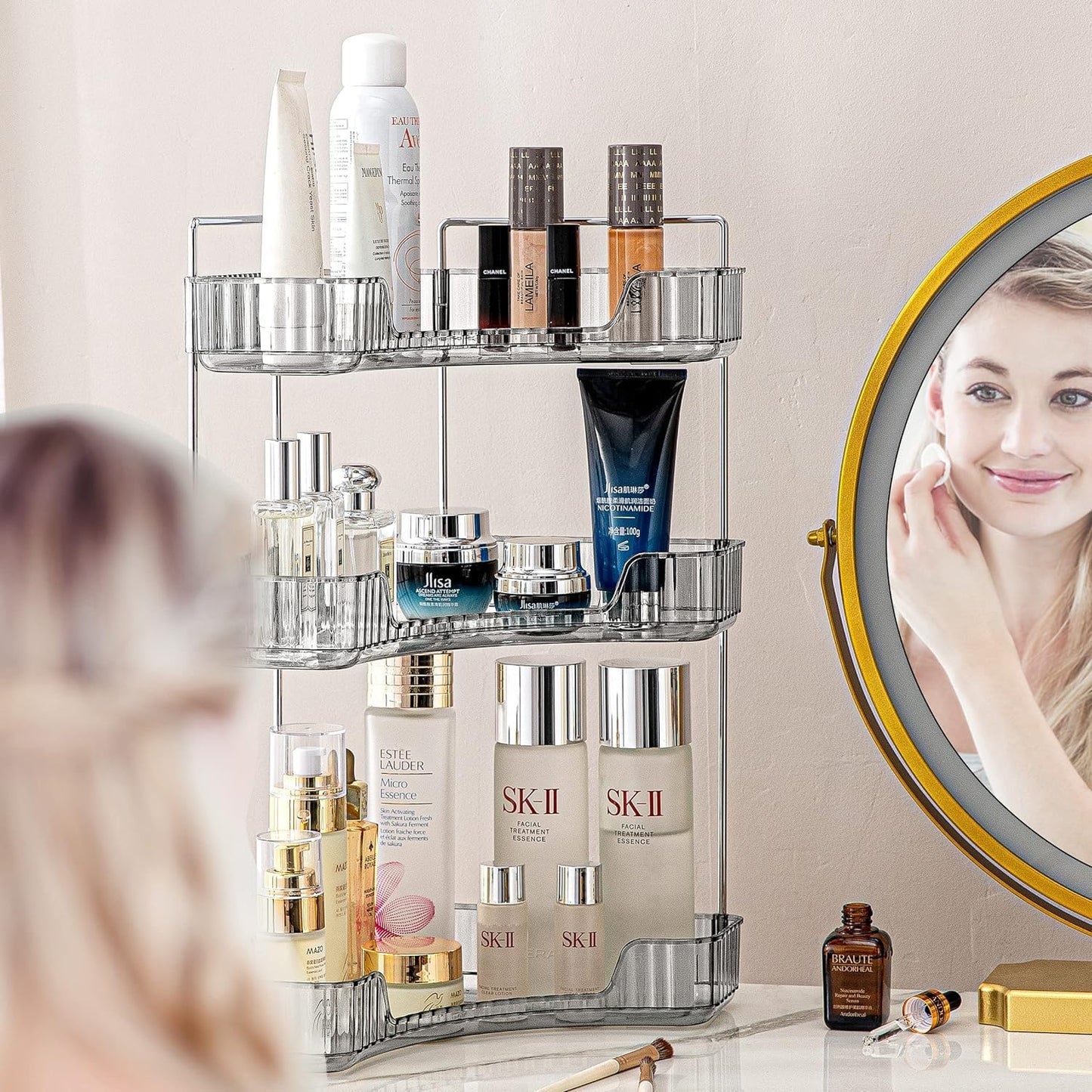 Bingobang Makeup Organiser Corner Trays, 3 Tiers Skincare Cosmetic Organizer Acrylic Large, Storage Tidy for Lipstick, Nail Care, Perfume, Brush, Vanity Dresser, Bedroom, Kitchen, Bathroom(Grey)