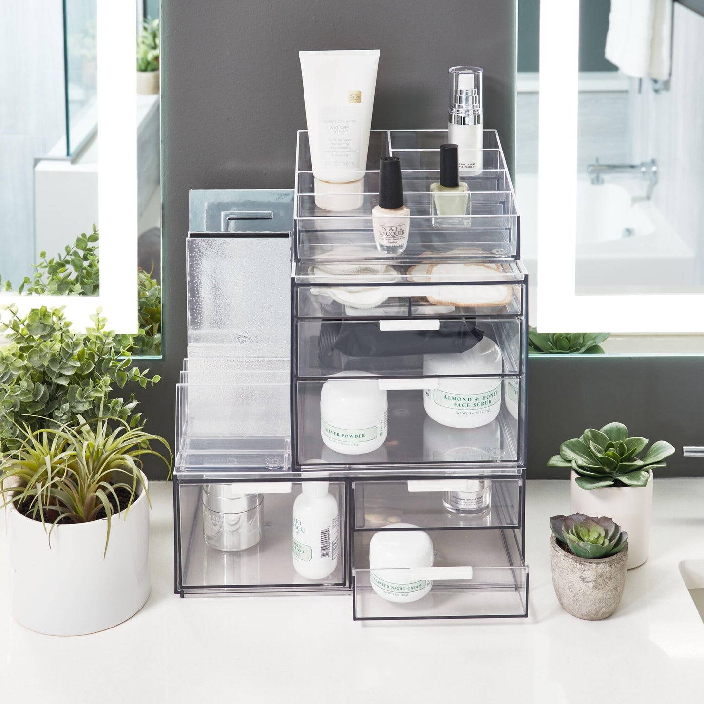 iDesign Storage Drawer from the Signature Series by Sarah Tanno, Rectangular PET Makeup Tray for Beauty Products, Cosmetic Organiser System, Clear/Matte White, 10.2 cm x 20.3 cm x 5 cm