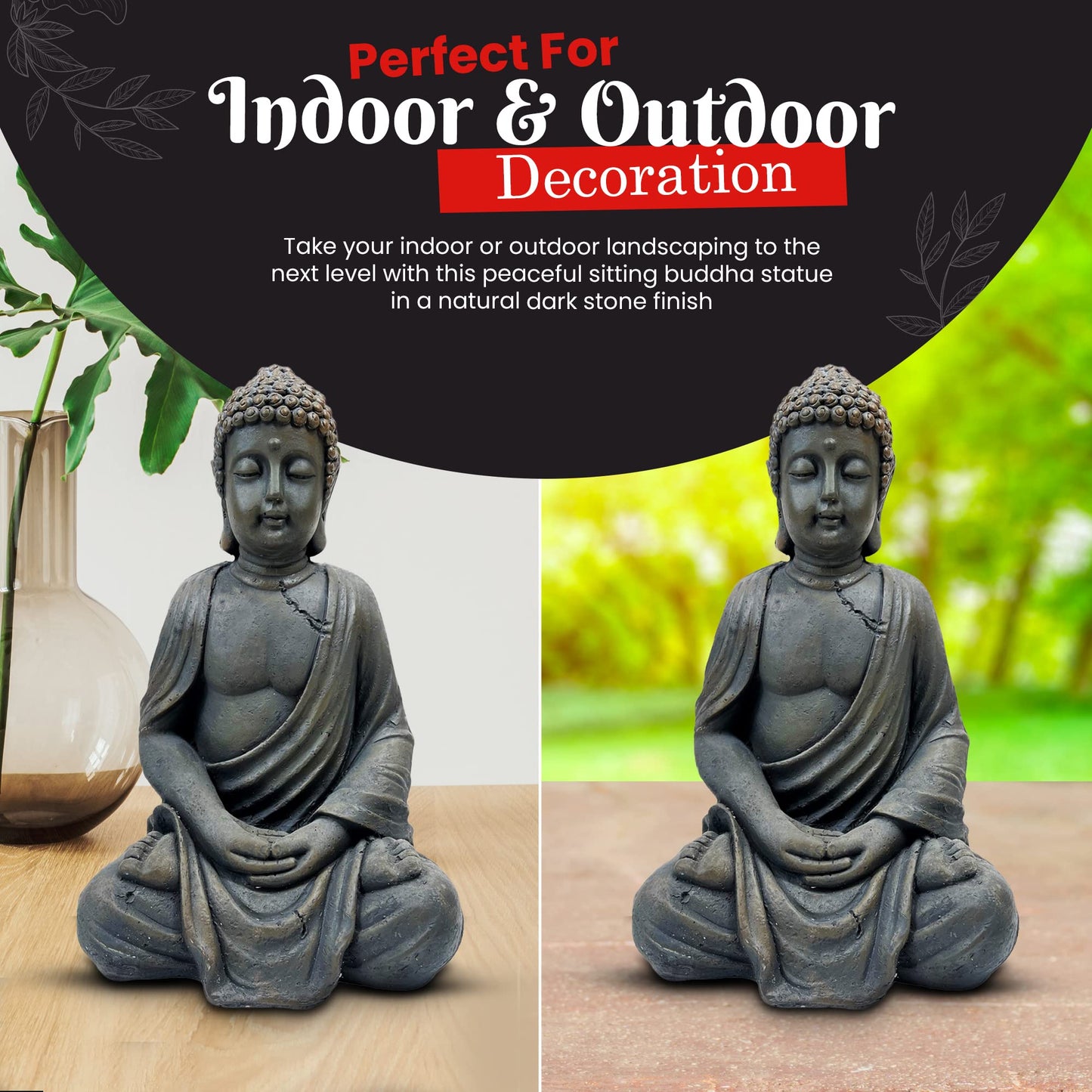 Sitting Buddha Garden Ornament Outdoor Statue Indoor Home Decor Bronzed Effect Figurine Table top Thai Meditating Décor Zen Weather Resistant 25cm Tall