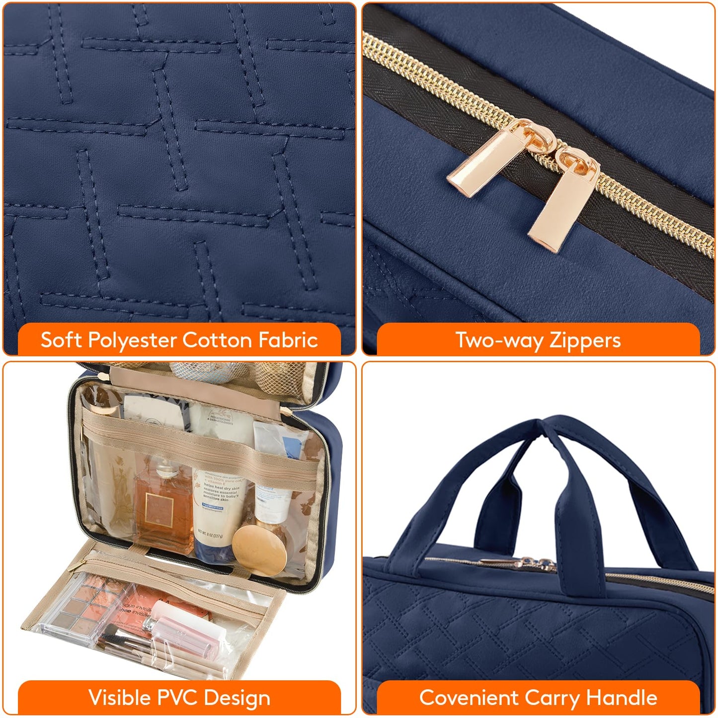 Lifewit Travel Toiletry Bag, Large Hanging Makeup Bag Organizer for Women, Transparent Travel Cosmetic Bag with Hanging Hook for Full Size Bottles, Vacation Essentials, Medium,Dark Blue