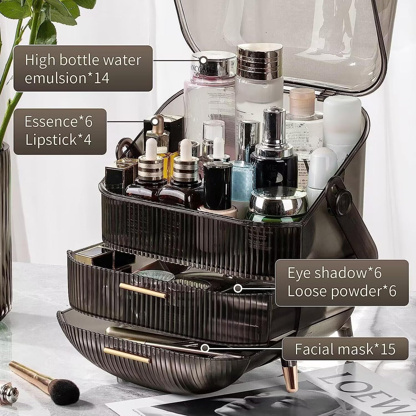 Makeup Organizer Box, Clear Cover Cosmetic Display Case with Two Tier Storage Box and Brush Storage Box, Skincare Organizers for Bathroom Countertop, Bedroom Vanity Desk and Travel (White)