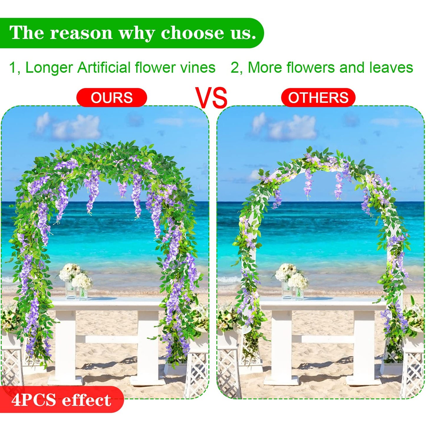 MOTONG Artificial Vine Flowers Decoration, 4Pcs (8FT/2.5M/piece) Artificial Wisteria Vines Garland Plants Flowers Arts For Ceremony Home Garden Wedding Party Decors (4Pcs Purple)