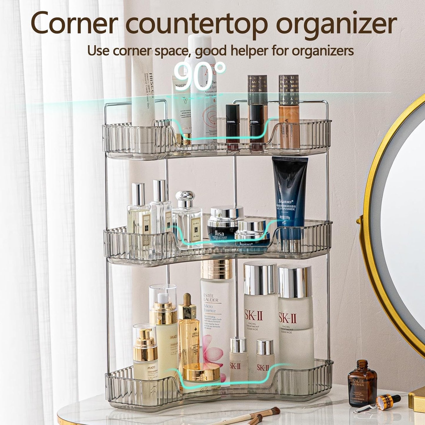 Bingobang Makeup Organiser Corner Trays, 3 Tiers Skincare Cosmetic Organizer Acrylic Large, Storage Tidy for Lipstick, Nail Care, Perfume, Brush, Vanity Dresser, Bedroom, Kitchen, Bathroom(Grey)