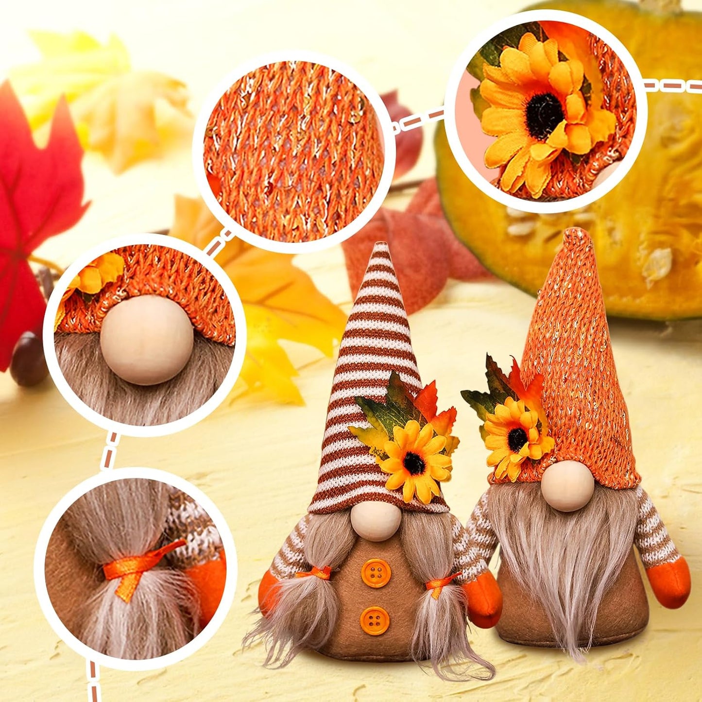 Feibety 2Pcs Autumn Gonk Decorations,Fall Harvest Plush Handmade Sunflower Maple Leaf Elf Dwarf Decor for Home Decor,Handmade Harvest Themed Decor for Farmhouse Holiday Home Kitchen Party