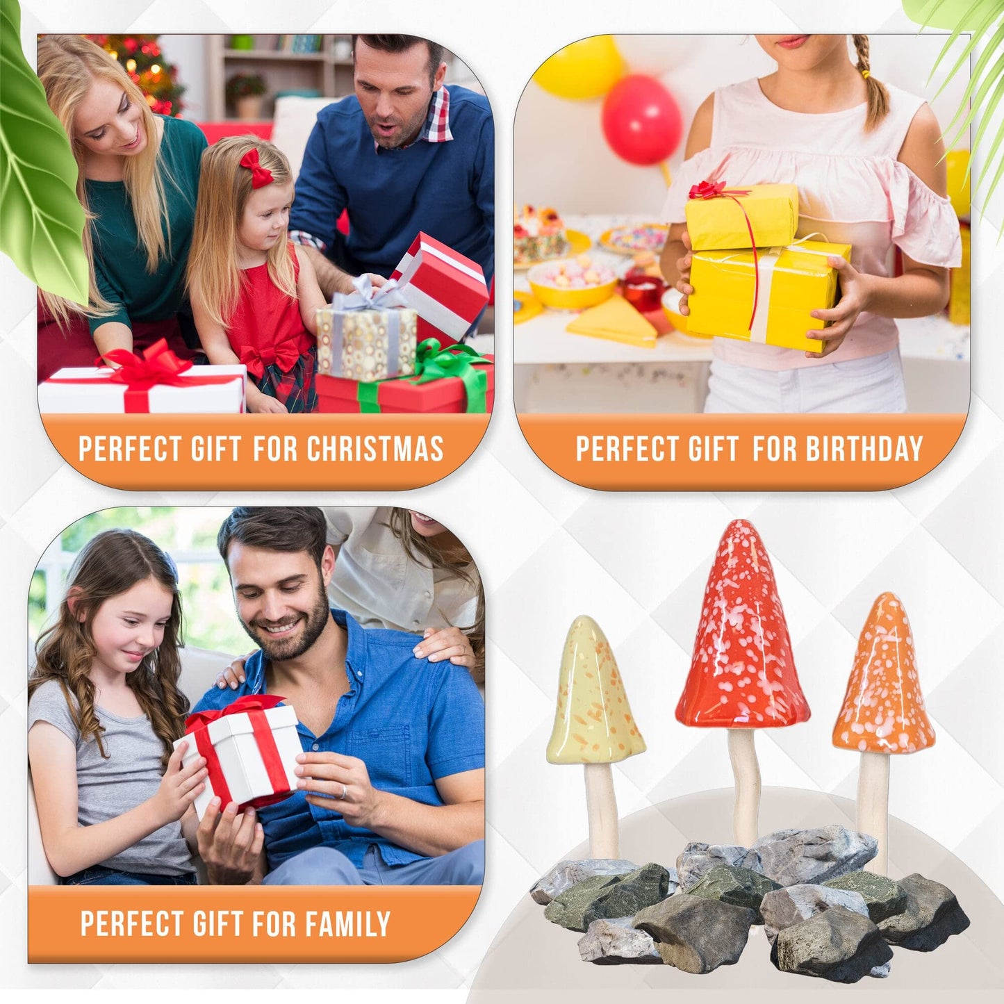 HH Home Hut Tinkling Ceramic Toadstools - Colourful Garden Ornaments, Mushrooms Plant Pot Set of 3 Outdoor Decor, Kids Gardening Set Fairy Garden Large Accessory (Yellow, Red, Orange)