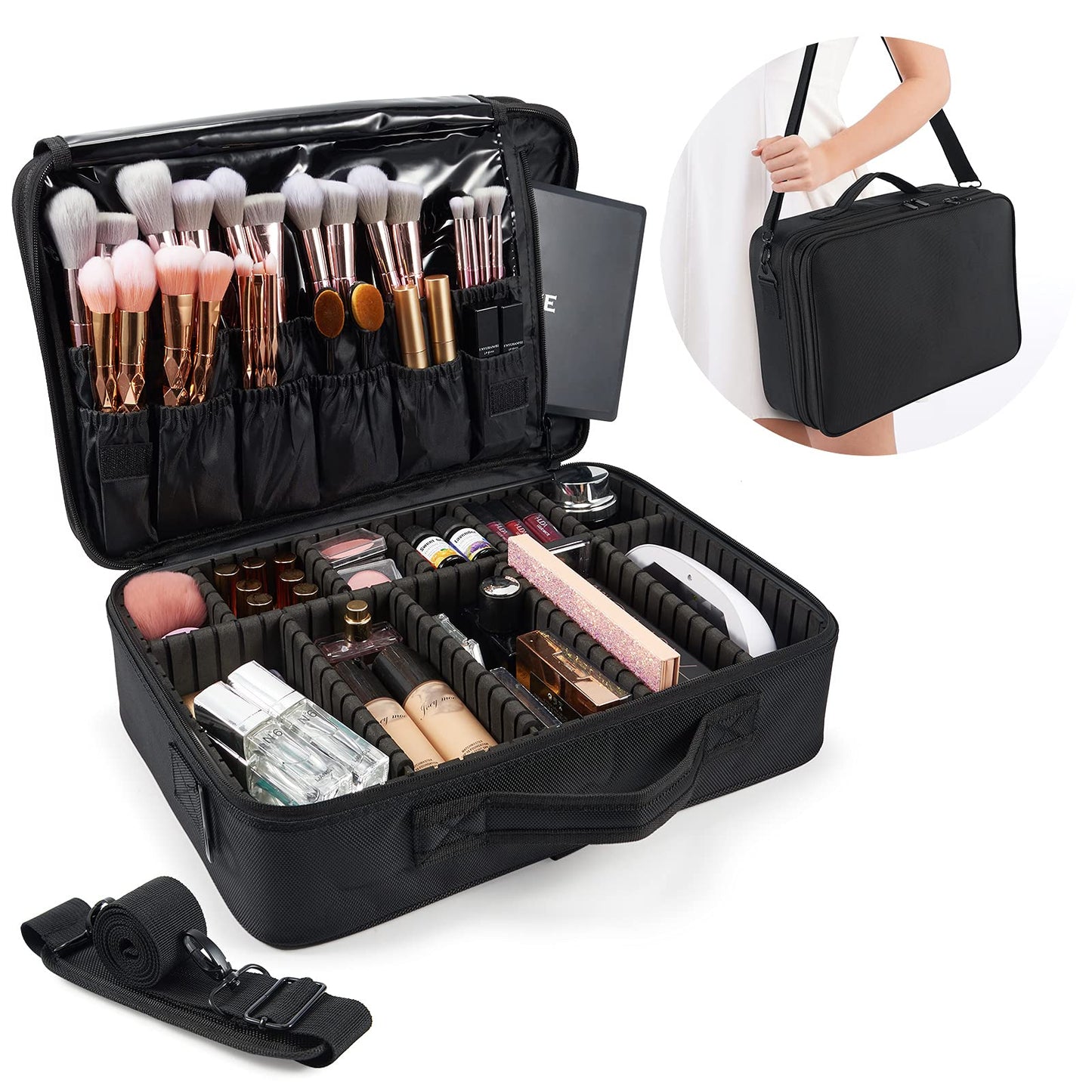 Joligrace Large PU Leather Professional Makeup Bag with Removable Back Strap Cosmetic Case Beauty Box Hairdressing Tools Organiser Storage Box, Marble