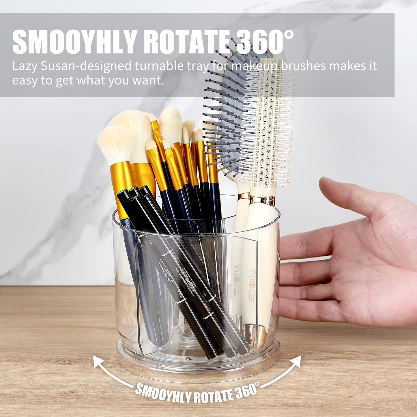 Makeup Brush Holder Organizer -Rotating 360° Clear Storage Cup Containers for Vanity, Desk, Countertop, Spinning Pen Holder for Desk, Round Make up Brush Stand with 5 Slots (Clear)