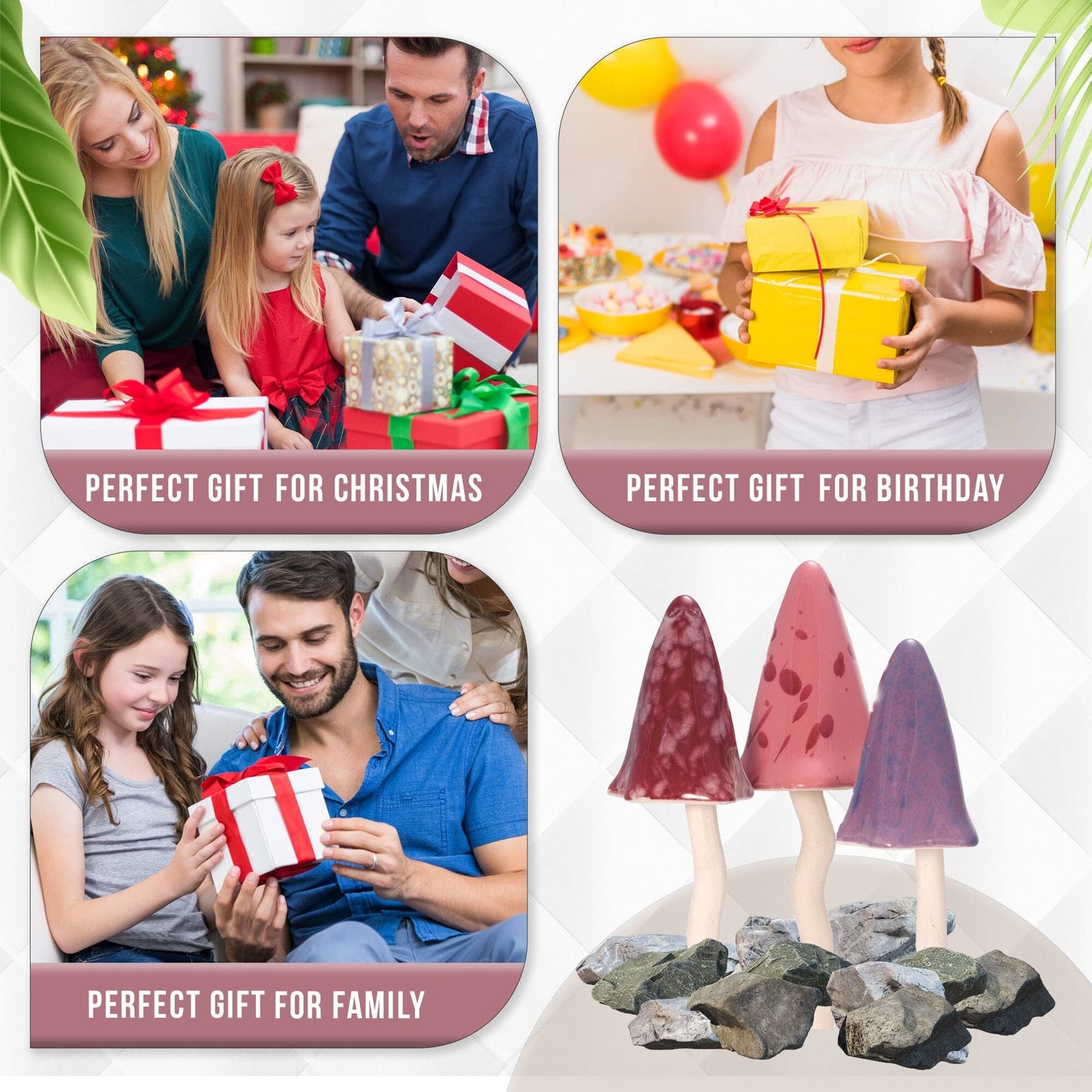 HH Home Hut Tinkling Ceramic Toadstools - Colourful Garden Ornaments, Mushrooms Plant Pot Set of 3 Outdoor Decor, Kids Gardening Set Fairy Garden Large Accessory (Yellow, Red, Orange)