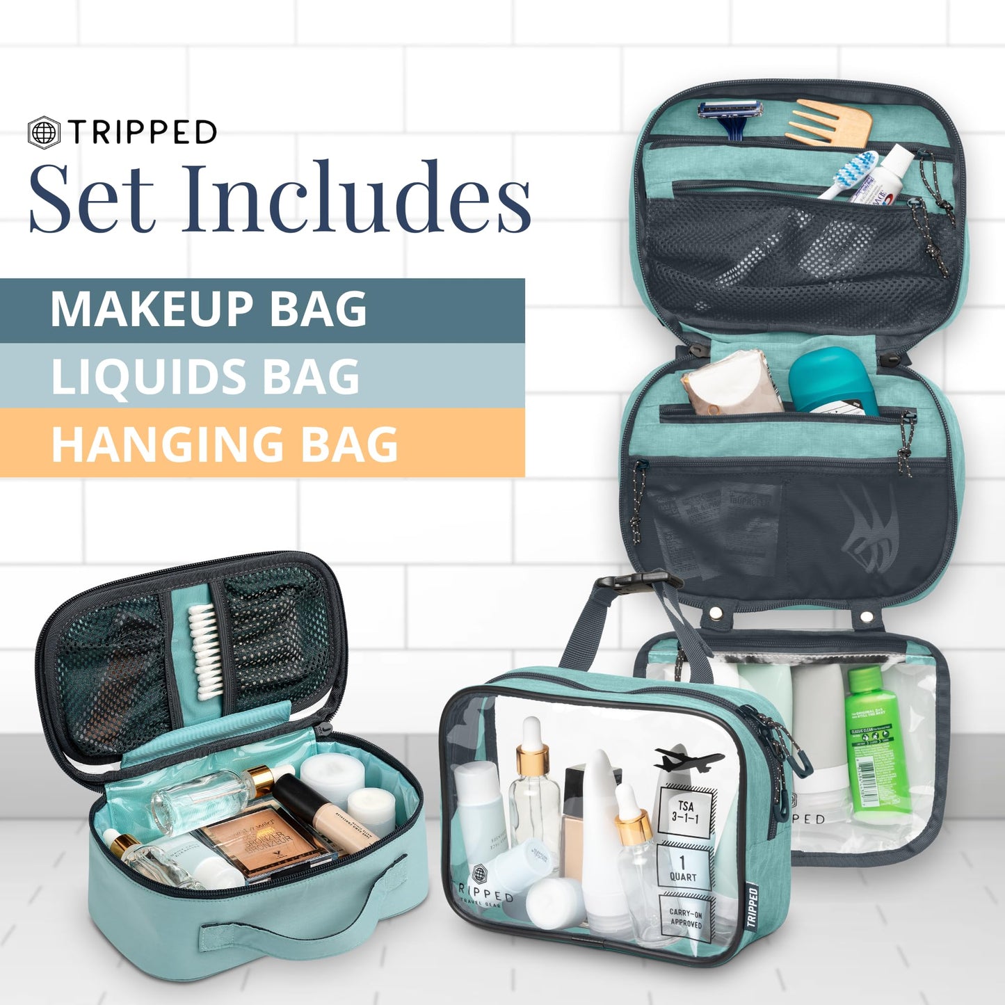 Toiletry Bag Kit Set: Hanging Travel Toiletry Bag + 311 TSA Cosmetic Liquid Bag + Ultralight Accessory Organizer Pouch, Navy, 3 Piece Toiletry Set