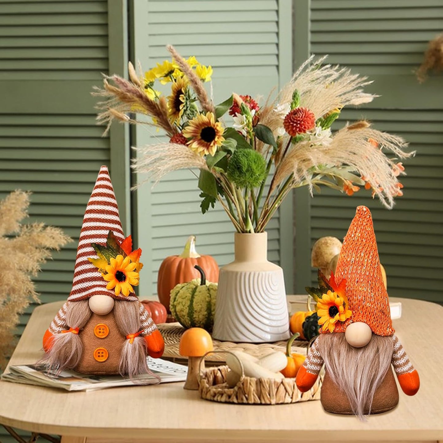 Feibety 2Pcs Autumn Gonk Decorations,Fall Harvest Plush Handmade Sunflower Maple Leaf Elf Dwarf Decor for Home Decor,Handmade Harvest Themed Decor for Farmhouse Holiday Home Kitchen Party