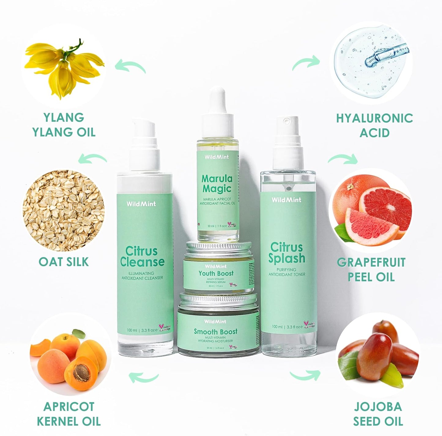 WildMint 5-Step Clear Skin Kit | Antioxidant Cleanser, Toner, Serum, Face Oil & Moisturiser | Natural Skincare for Menopause, Hormonal Acne, Dark Spots, Dryness & Mature Skin | UK Vegan & Cruelty-Free