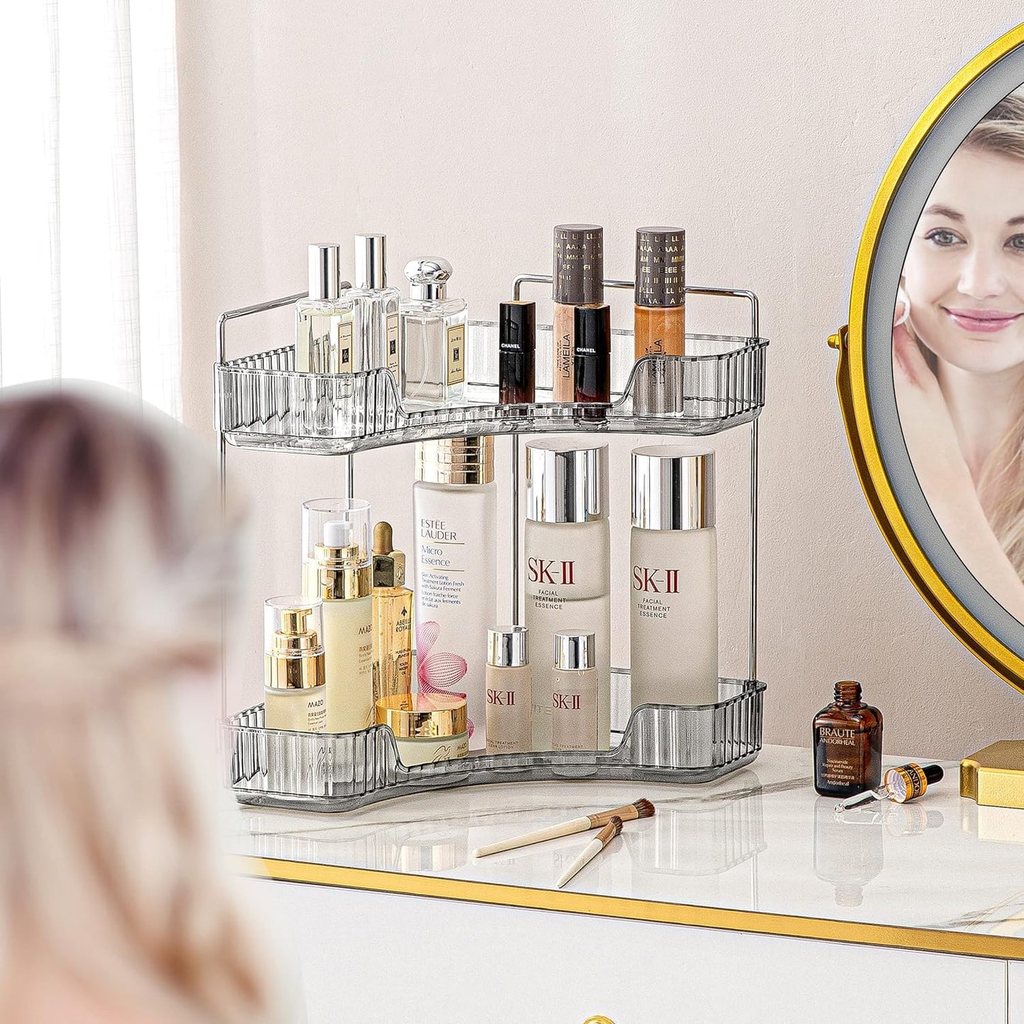 Bingobang Makeup Organiser Corner Trays, 3 Tiers Skincare Cosmetic Organizer Acrylic Large, Storage Tidy for Lipstick, Nail Care, Perfume, Brush, Vanity Dresser, Bedroom, Kitchen, Bathroom(Grey)