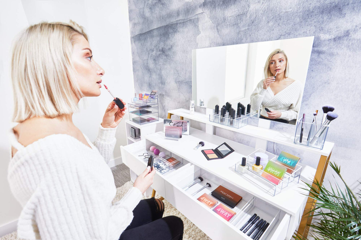 iDesign Storage Drawer from the Signature Series by Sarah Tanno, Rectangular PET Makeup Tray for Beauty Products, Cosmetic Organiser System, Clear/Matte White, 10.2 cm x 20.3 cm x 5 cm