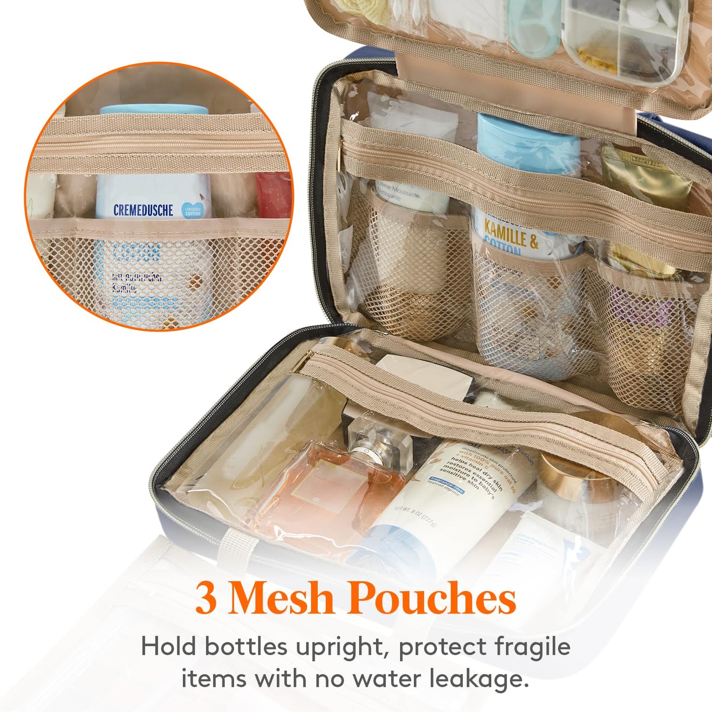 Lifewit Travel Toiletry Bag, Large Hanging Makeup Bag Organizer for Women, Transparent Travel Cosmetic Bag with Hanging Hook for Full Size Bottles, Vacation Essentials, Medium,Dark Blue