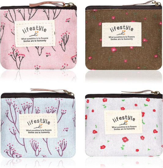 Mini Makeup Bag, 4 Pcs Linen Floral Small Makeup Bag for Purse Portable Small Zipper Pouch Cute Fabric Mini Cosmetic Bags for Women Girls Home Travel Lipstick Coin Cards Storage (4 Style)