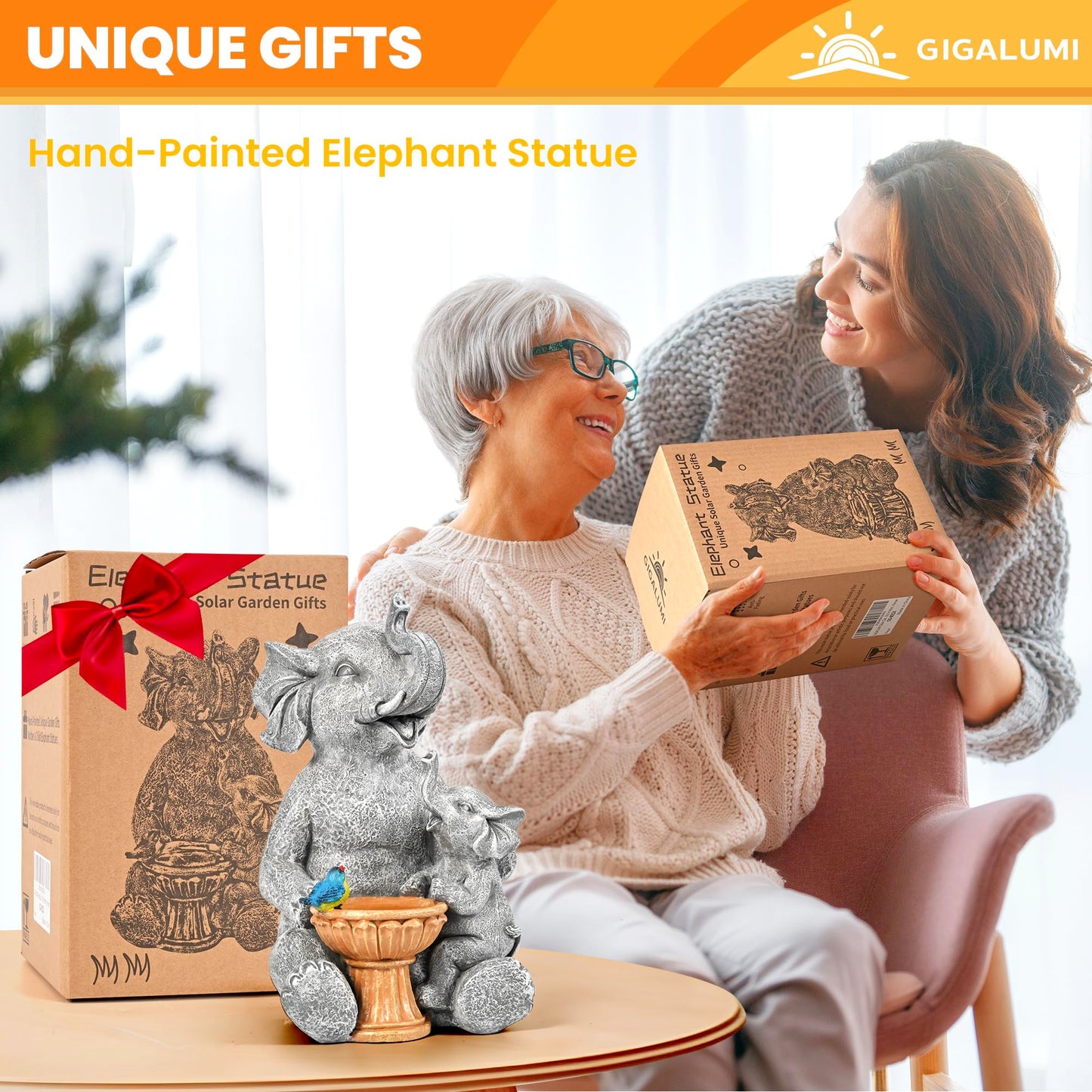 GIGALUMI Upgraded Elephant Statue Garden Decoration True Watering Elephant Figure Solar Powered LED Lights, Gifts for Women, Gifts for Mum, Garden Decorations for Patio(10.6 Inch/ 27 cm)