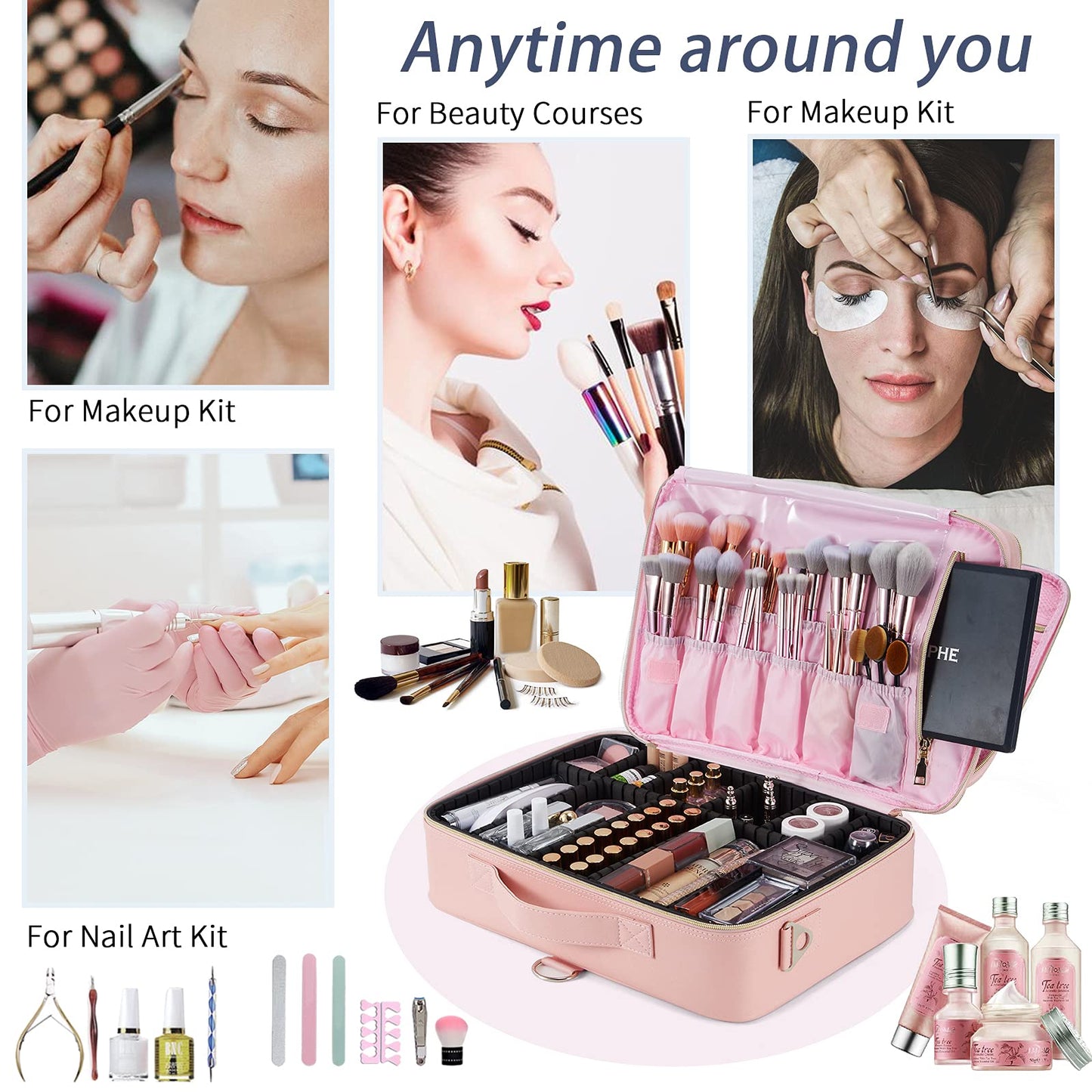 Joligrace Large PU Leather Professional Makeup Bag with Removable Back Strap Cosmetic Case Beauty Box Hairdressing Tools Organiser Storage Box, Marble