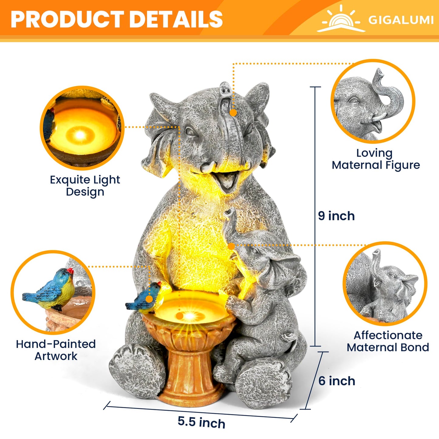 GIGALUMI Upgraded Elephant Statue Garden Decoration True Watering Elephant Figure Solar Powered LED Lights, Gifts for Women, Gifts for Mum, Garden Decorations for Patio(10.6 Inch/ 27 cm)