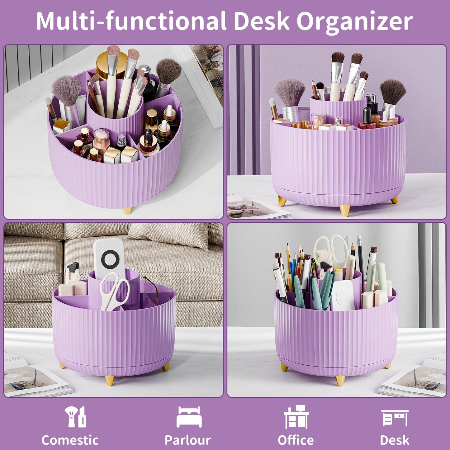 fanado 360° Rotating Makeup Organiser, Makeup Brush Holder, 5 Compartment Makeup and Skincare Storage for Vanity, Desktop, Bathroom (Purple)