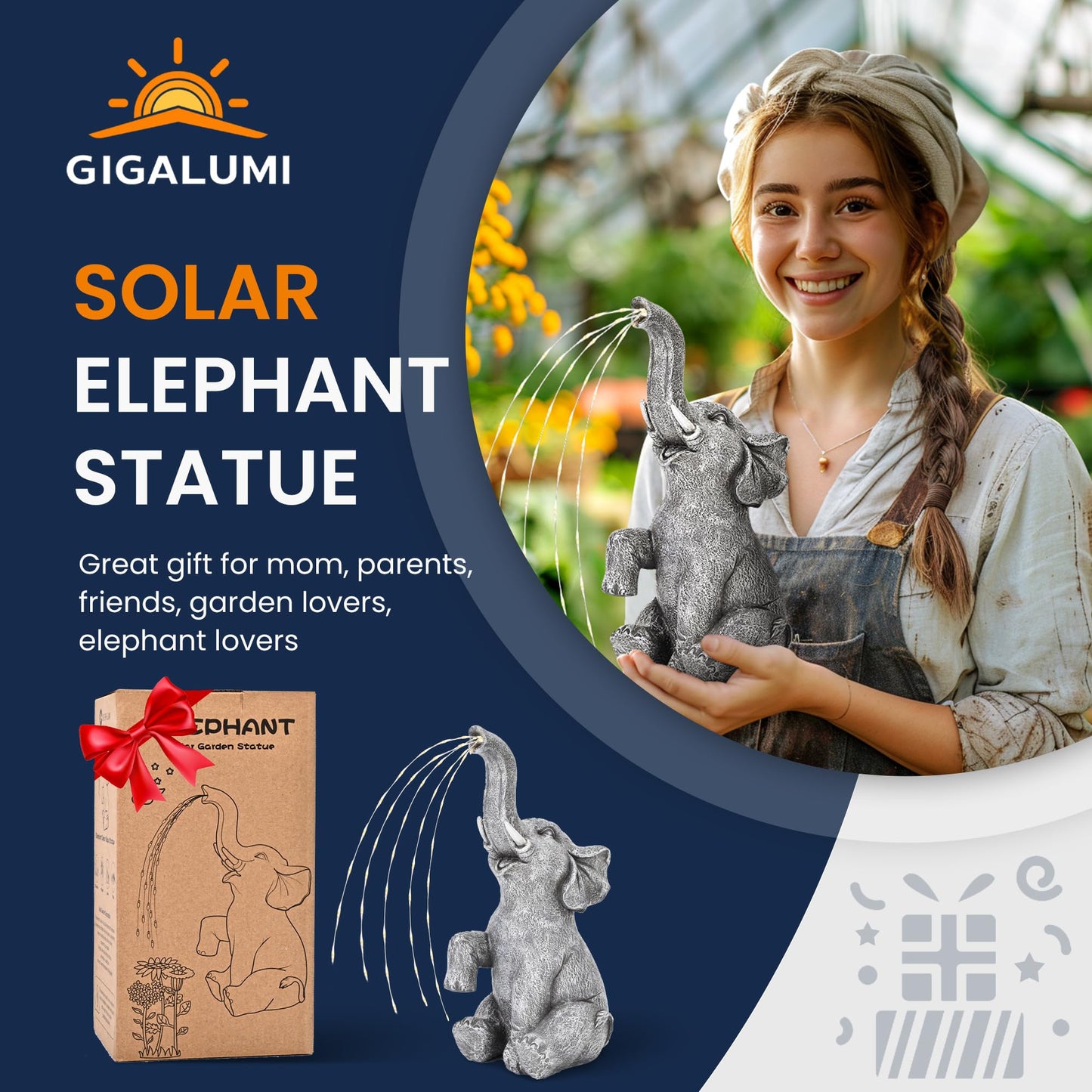 GIGALUMI Upgraded Elephant Statue Garden Decoration True Watering Elephant Figure Solar Powered LED Lights, Gifts for Women, Gifts for Mum, Garden Decorations for Patio(10.6 Inch/ 27 cm)