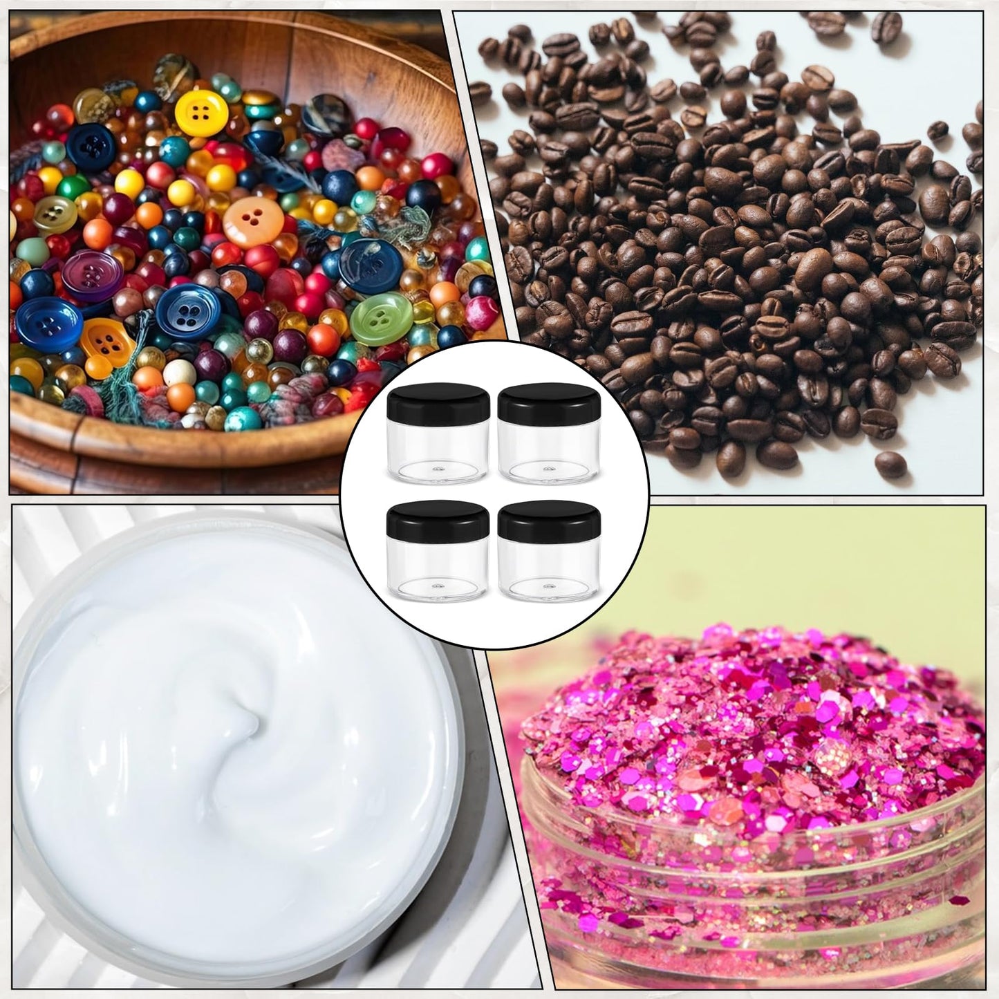 4 Pcs Plastic Cosmetic Cream Jars with Lids - Spatula, Travel-Sized, Leak-Proof, Refillable Makeup Containers, 0.7oz Round Jars for Storage Liquid Oils, Salves, DIY Making (Black)