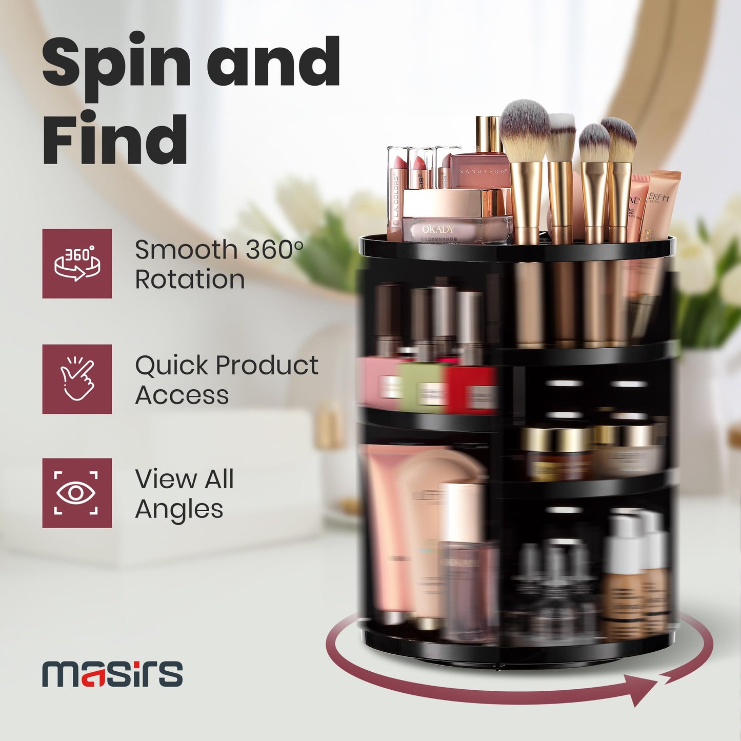 360 Rotating Makeup Organizer - Adjustable Shelf Height and Fully Rotatable. The Perfect Cosmetic Organizer for Bedroom Dresser or Vanity Countertop. (Black)