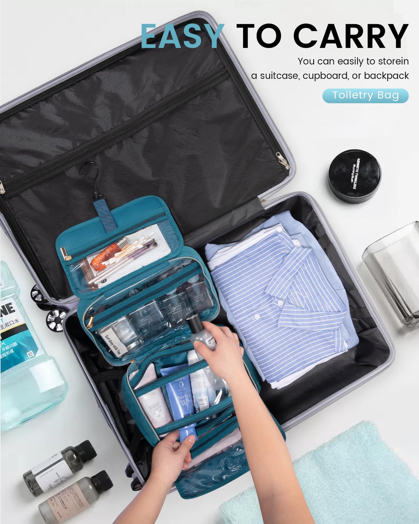 LOVEVOOK Toiletry Bag Hanging Travel Wash Bag for Women, Waterproof Toiletries Makeup Bags with Hook, Large Cosmetic Organizer Ladies, for Full Sized Container