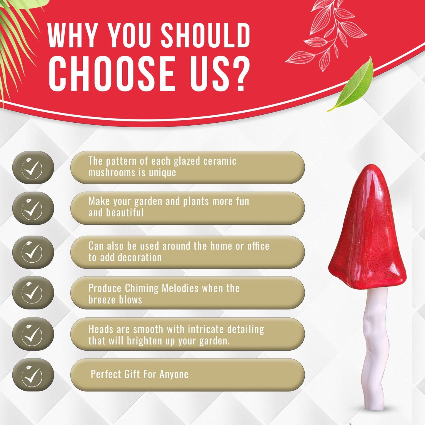 HH Home Hut Tinkling Ceramic Toadstools - Colourful Garden Ornaments, Mushrooms Plant Pot Set of 3 Outdoor Decor, Kids Gardening Set Fairy Garden Large Accessory (Yellow, Red, Orange)