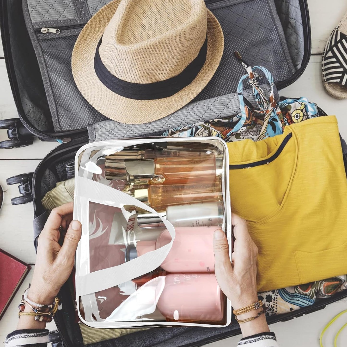 2 Pack Clear Wash Bag for Toiletries, Large/Small Clear Travel Toiletries Bag Thickened PVC Waterproof Makeup Bags with Handles Travel Wash Bags with Zippers for Women Girls Men