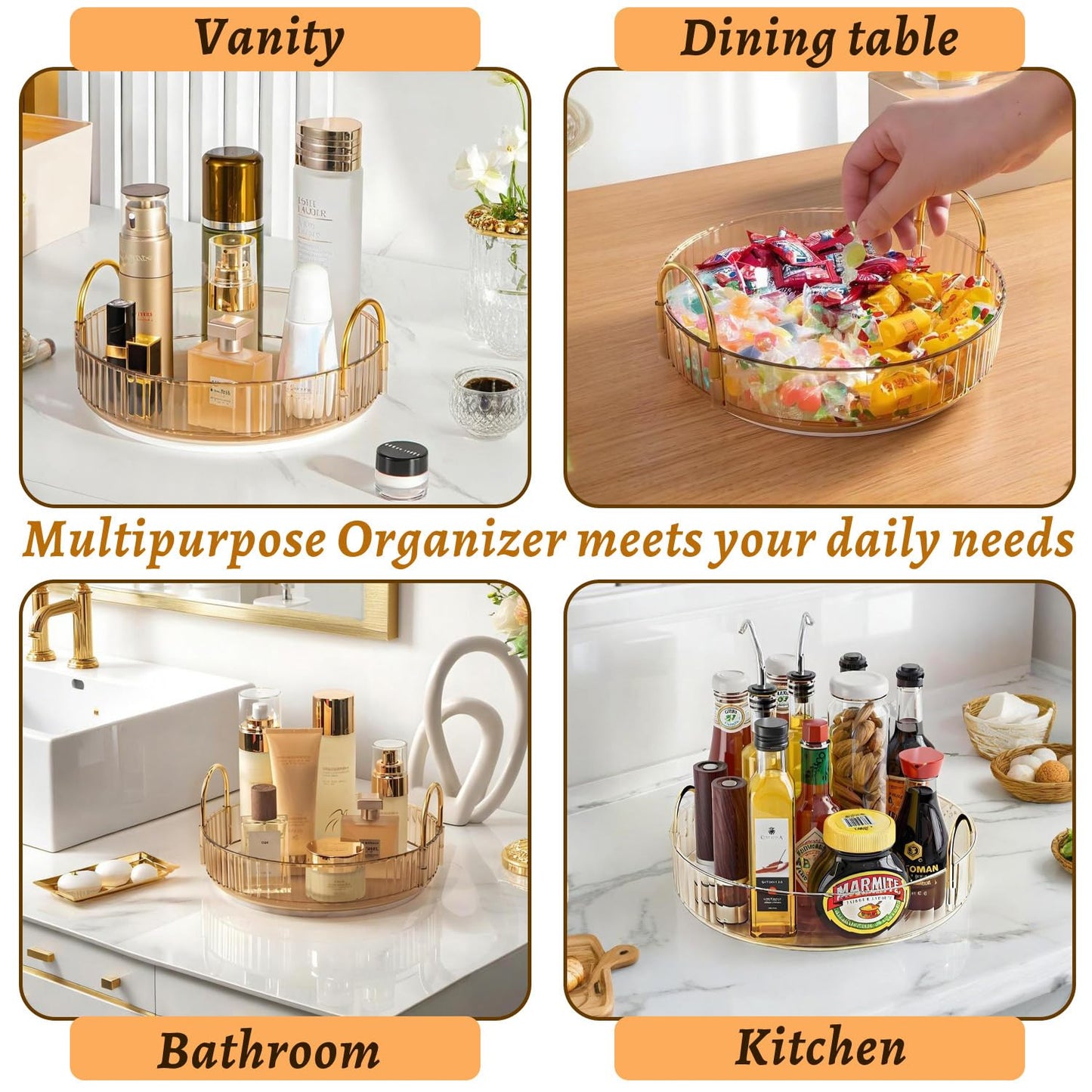 Makeup Organizer for Vanity 360 Rotating, Large Capacity Cosmetic Organisers for Lipsticks, Jewelry, Nail Care, Skincare, Perfume, Ideal Desk Organizer for Dresser, Bathroom and Kitchen(Gold, 1 Tier)