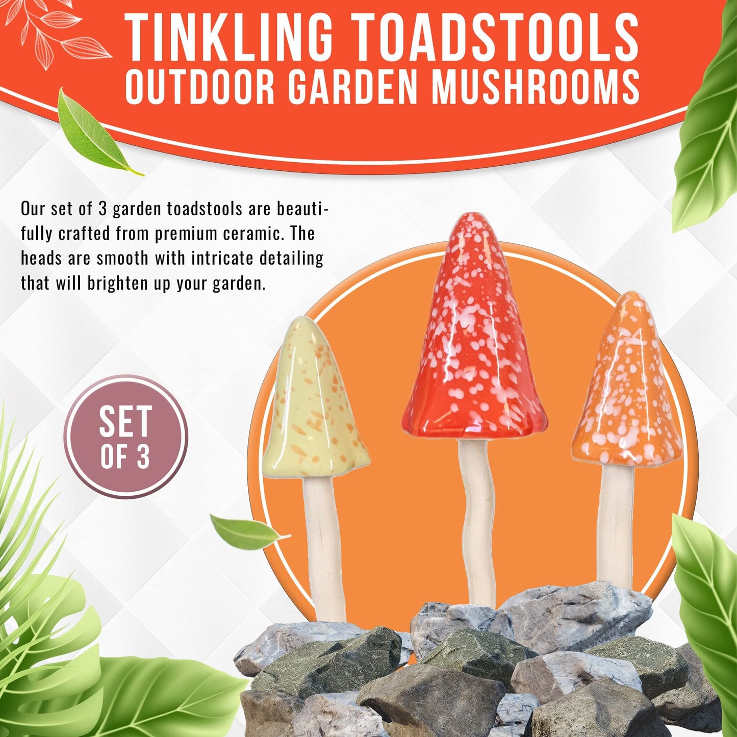 HH Home Hut Tinkling Ceramic Toadstools - Colourful Garden Ornaments, Mushrooms Plant Pot Set of 3 Outdoor Decor, Kids Gardening Set Fairy Garden Large Accessory (Yellow, Red, Orange)