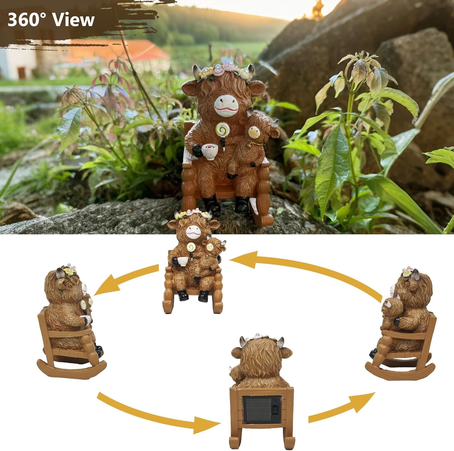 Highland Cow Garden Ornaments Outdoor- Solar Highland Cow Ornaments Statues Mother and Child on Rocking Chair, Garden Decor with Luminous Flowers for Yard, Lawn, Patio, Home, Birthday Gifts for Women