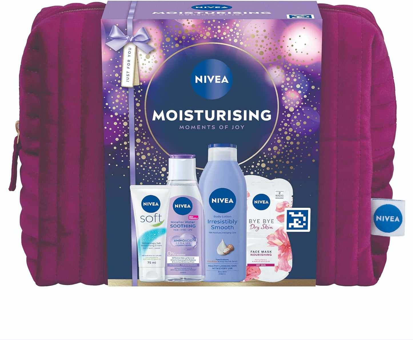 NIVEA Moisturising Moments Of Joy Gift Set (5 Products) – Women's Gift Set – Includes Body Lotion, Face Sheet Mask, Moisturising Cream and Micellar Water – with Cosmetic Bag