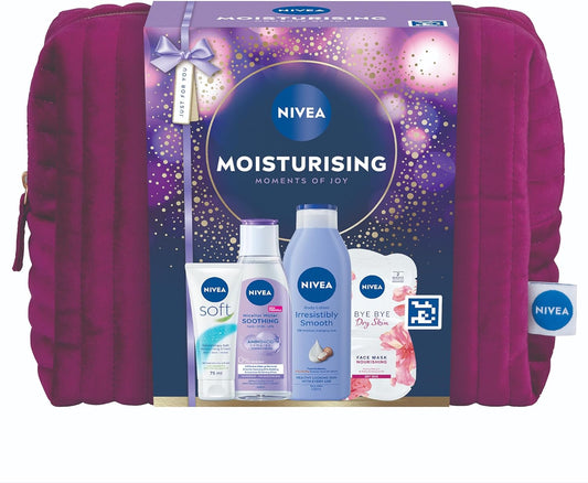 NIVEA Moisturising Moments Of Joy Gift Set (5 Products) – Women's Gift Set – Includes Body Lotion, Face Sheet Mask, Moisturising Cream and Micellar Water – with Cosmetic Bag