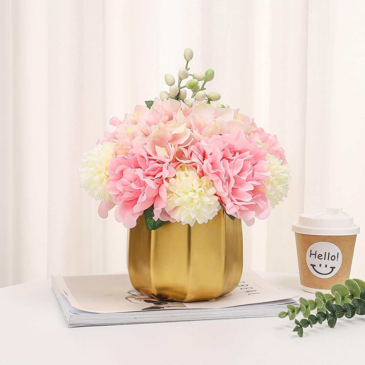 Artificial Flowers With Vase Faux Hydrangea Flower Arrangements for Home Garden Party Wedding Decoration