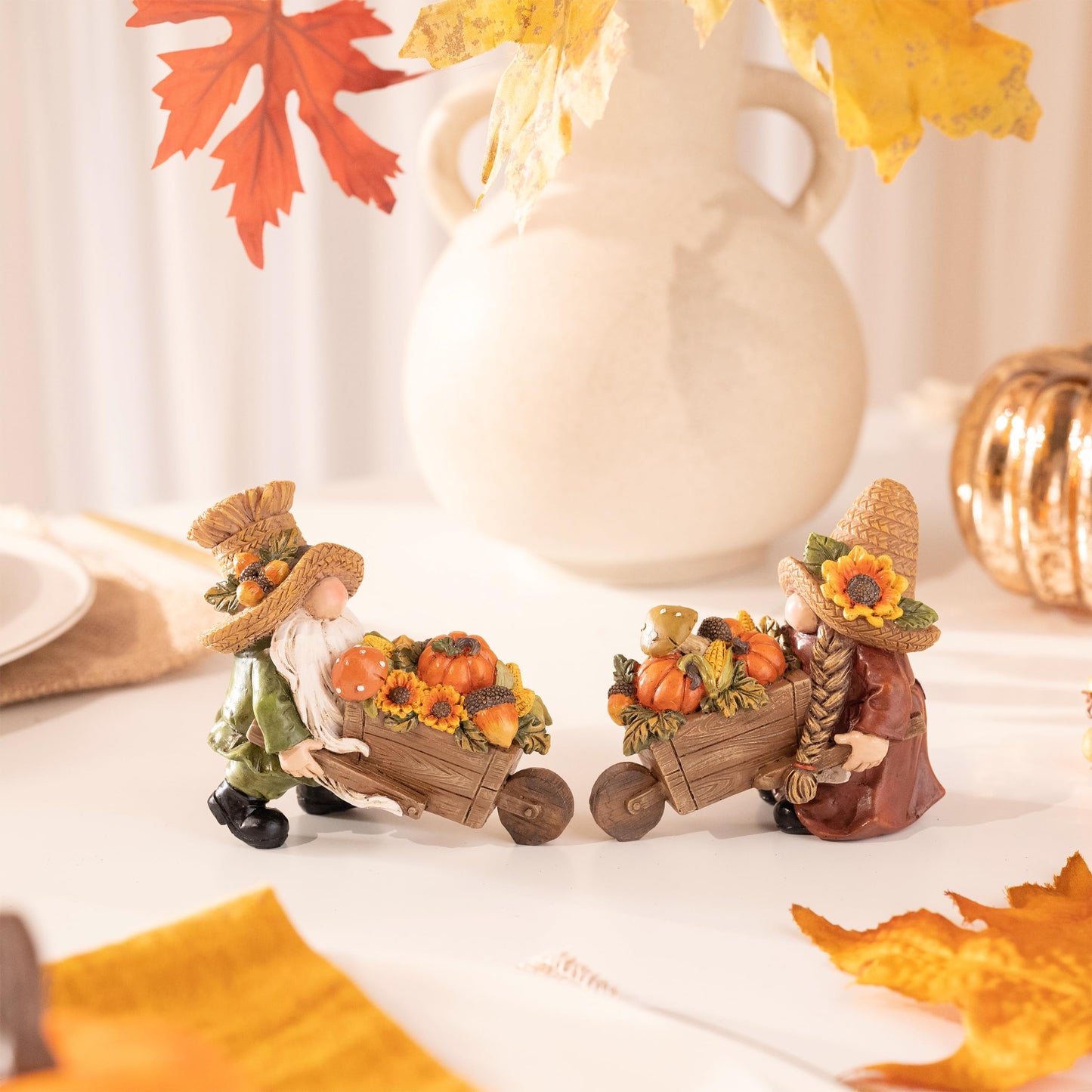 Valery Madelyn Autumn Decorations, Lovely Set of 2 Medium Fall Gonks Ornaments with Harvest Cart, Waterproof Resin Autumn Decor for Gonks Gifts, Fall Decorations for Living Room, Bedroom, Garden 10CM