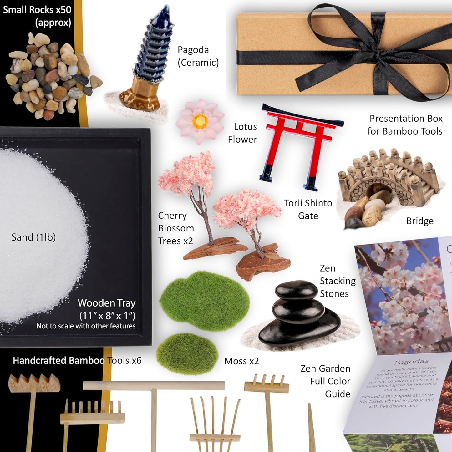 Zen Garden Kit 11x8 Beautiful Premium Japanese Mini Sand Garden Meditation Gift Set for Home & Office Desk Accessories. Zen Sand, 6 Tools, 15 Features. Mindfulness Gifts Decor Women