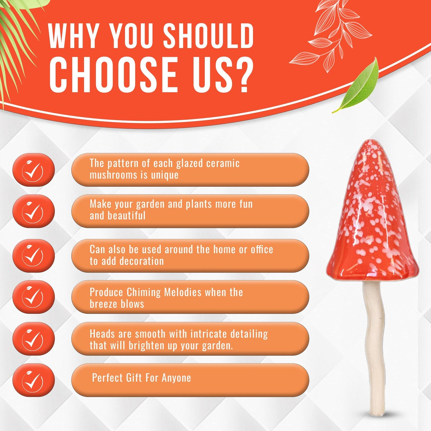 HH Home Hut Tinkling Ceramic Toadstools - Colourful Garden Ornaments, Mushrooms Plant Pot Set of 3 Outdoor Decor, Kids Gardening Set Fairy Garden Large Accessory (Yellow, Red, Orange)