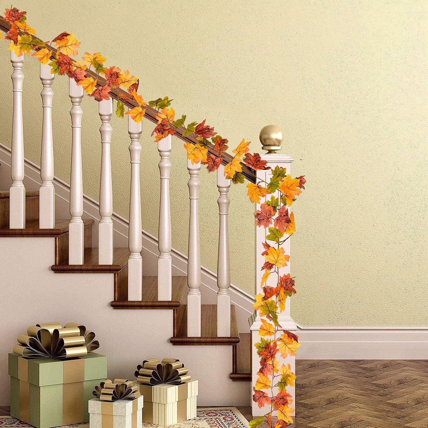 Artificial Autumn Maple Leaves Garland Autumn Decorations, Fall Hanging Plant for Home Garden Wall Doorway Backdrop Fireplace Decoration, Wedding Party Thanksgiving Decor,Yellow,1.75m