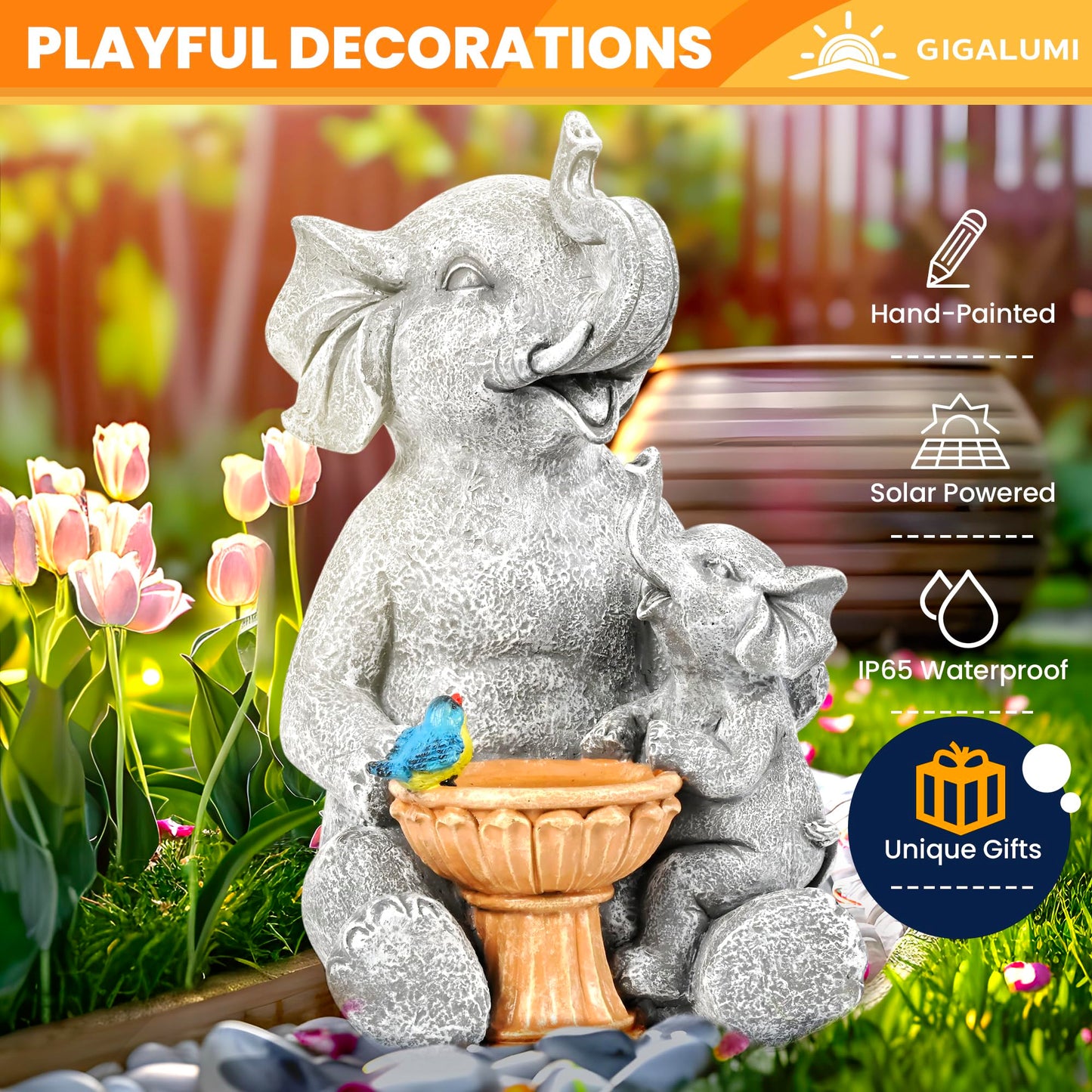 GIGALUMI Upgraded Elephant Statue Garden Decoration True Watering Elephant Figure Solar Powered LED Lights, Gifts for Women, Gifts for Mum, Garden Decorations for Patio(10.6 Inch/ 27 cm)