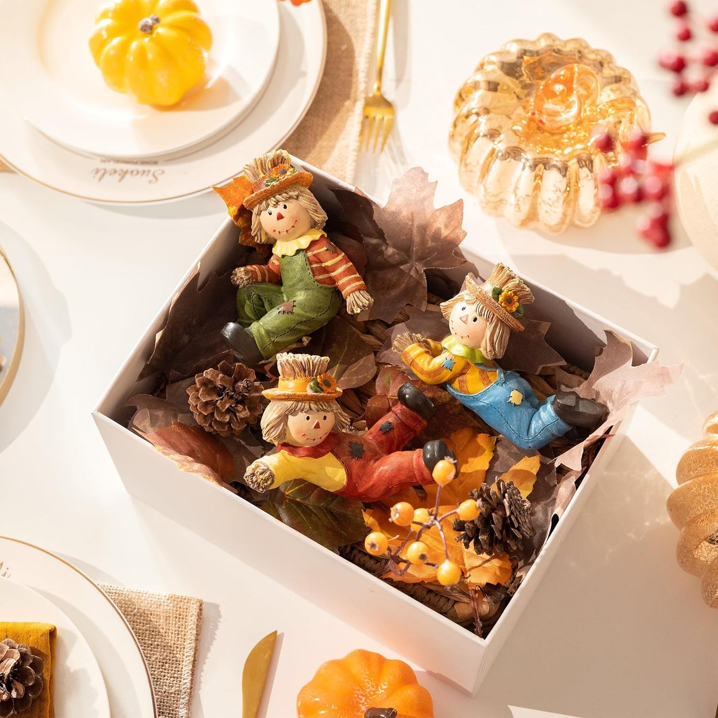 Valery Madelyn Autumn Decorations, Lovely Set of 3 Scarecrows Ornaments with Waterproof Resin Autumn Home Decor, Scarecrows Gifts for Women, Fall Decorations for Living Room, Bedroom, Garden 7.2CM