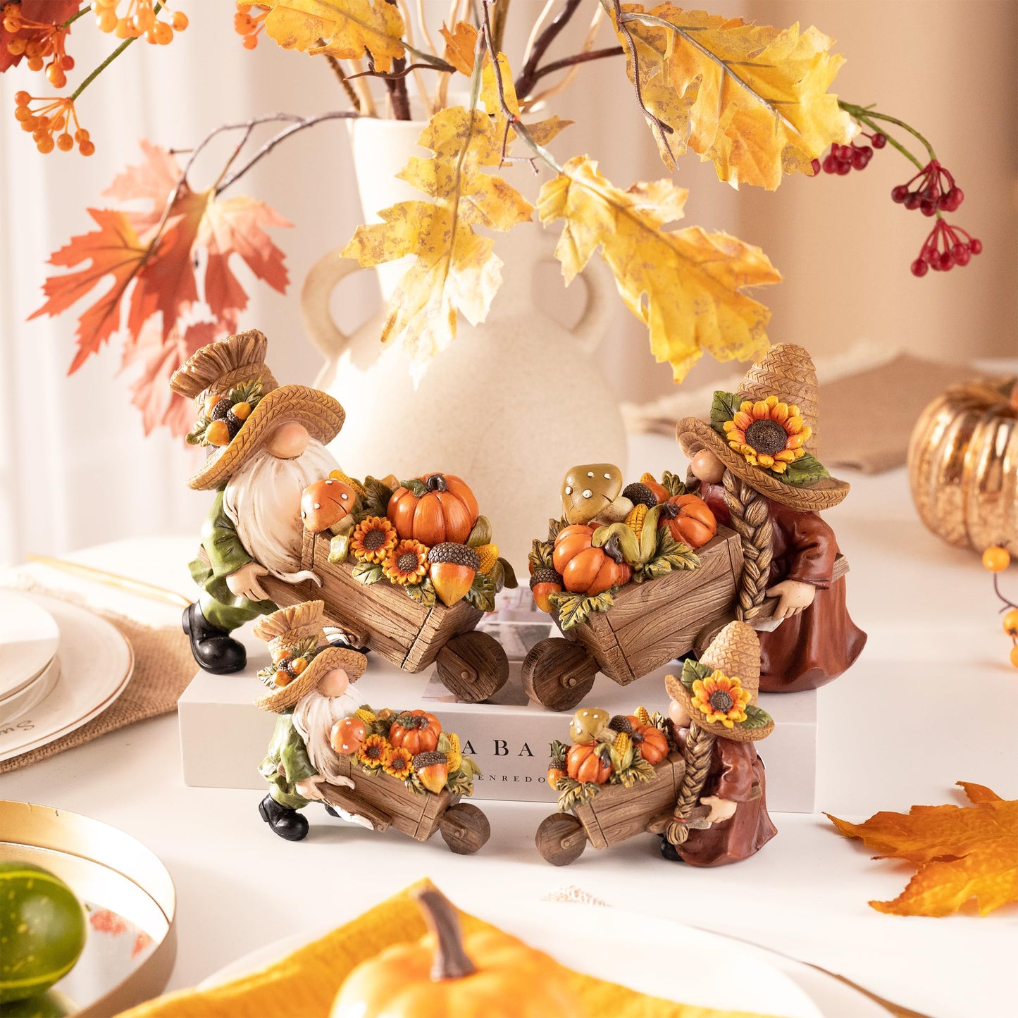 Valery Madelyn Autumn Decorations, Lovely Set of 2 Medium Fall Gonks Ornaments with Harvest Cart, Waterproof Resin Autumn Decor for Gonks Gifts, Fall Decorations for Living Room, Bedroom, Garden 10CM