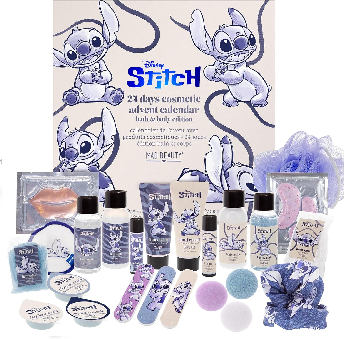 MAD Beauty Disney Stitch Advent Calendar with 24 Make-Up & Cosmetic Products, Wellness Advent Calendar for Women with Face Mask, Body Lotion, Hair Scrunchie, Christmas Calendar Beauty