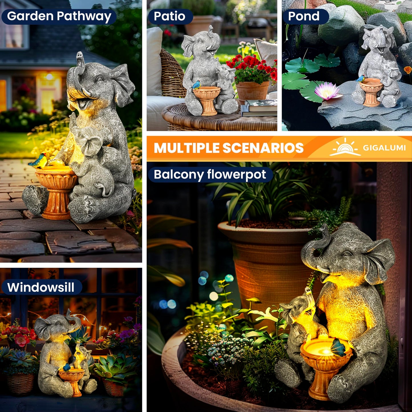 GIGALUMI Upgraded Elephant Statue Garden Decoration True Watering Elephant Figure Solar Powered LED Lights, Gifts for Women, Gifts for Mum, Garden Decorations for Patio(10.6 Inch/ 27 cm)